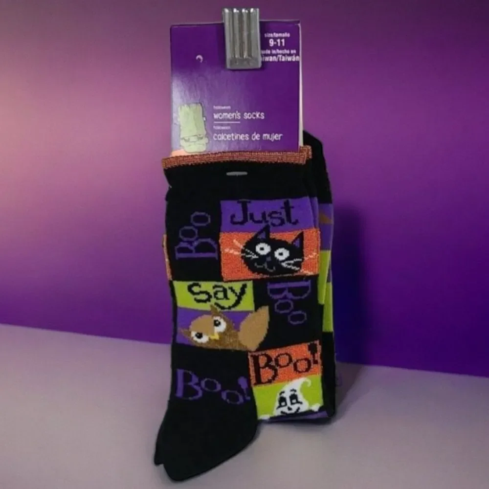 Halloween Black Cat Ghost Owl Crew Socks Women 4-10 Just Say Boo NWT Spooky Cute